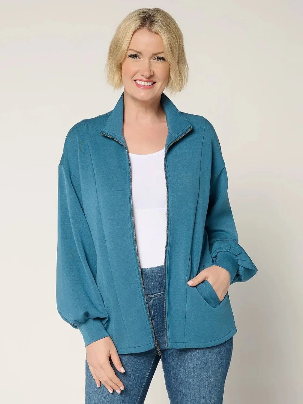 Belle by Kim Gravel ScubaLuxe Blouson Slv Zip-Up Jacket, Mineral Sz 2X a698209